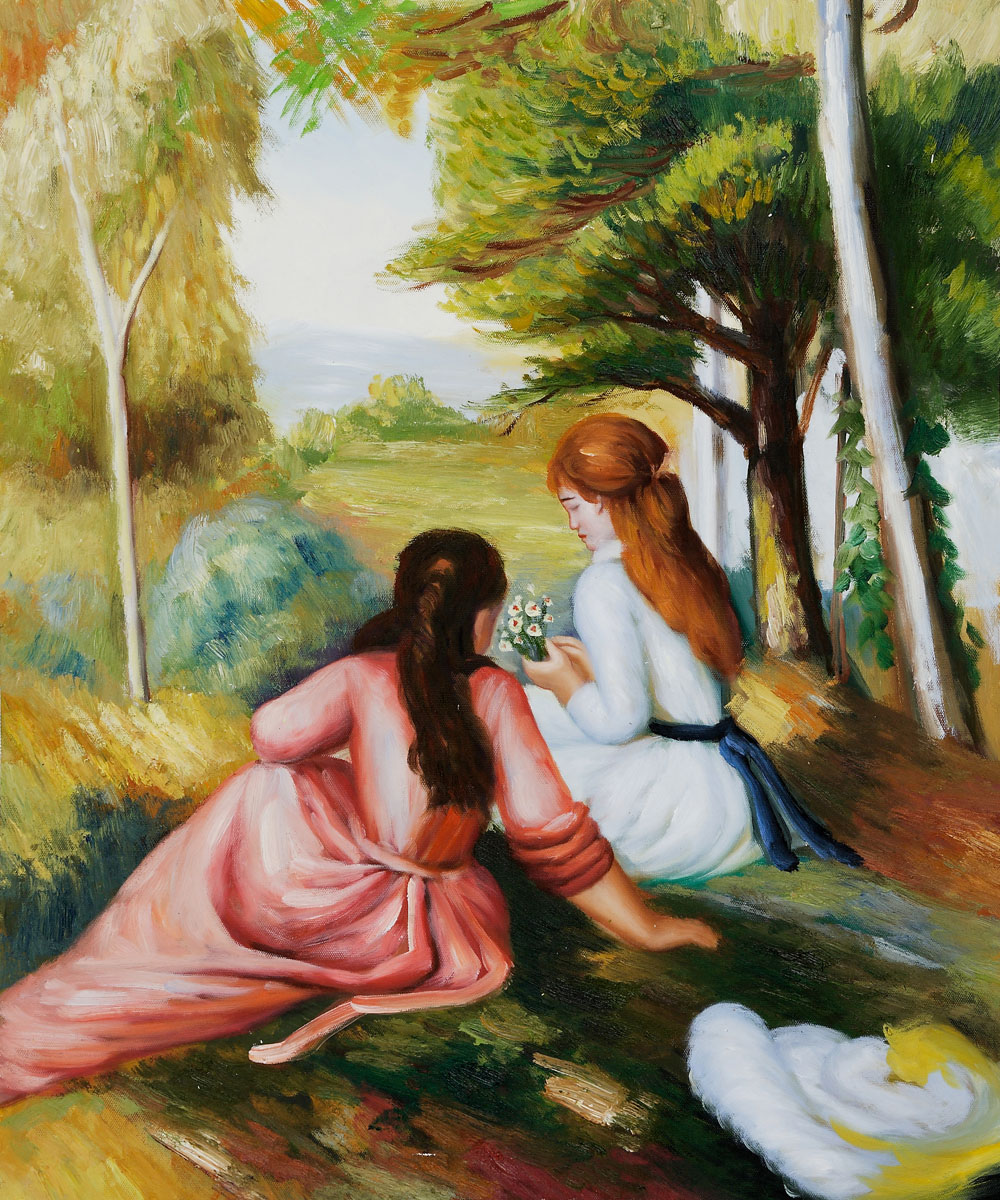 Two Girls In The Meadow Picking Flowers - Pierre-Auguste Renoir painting on canvas